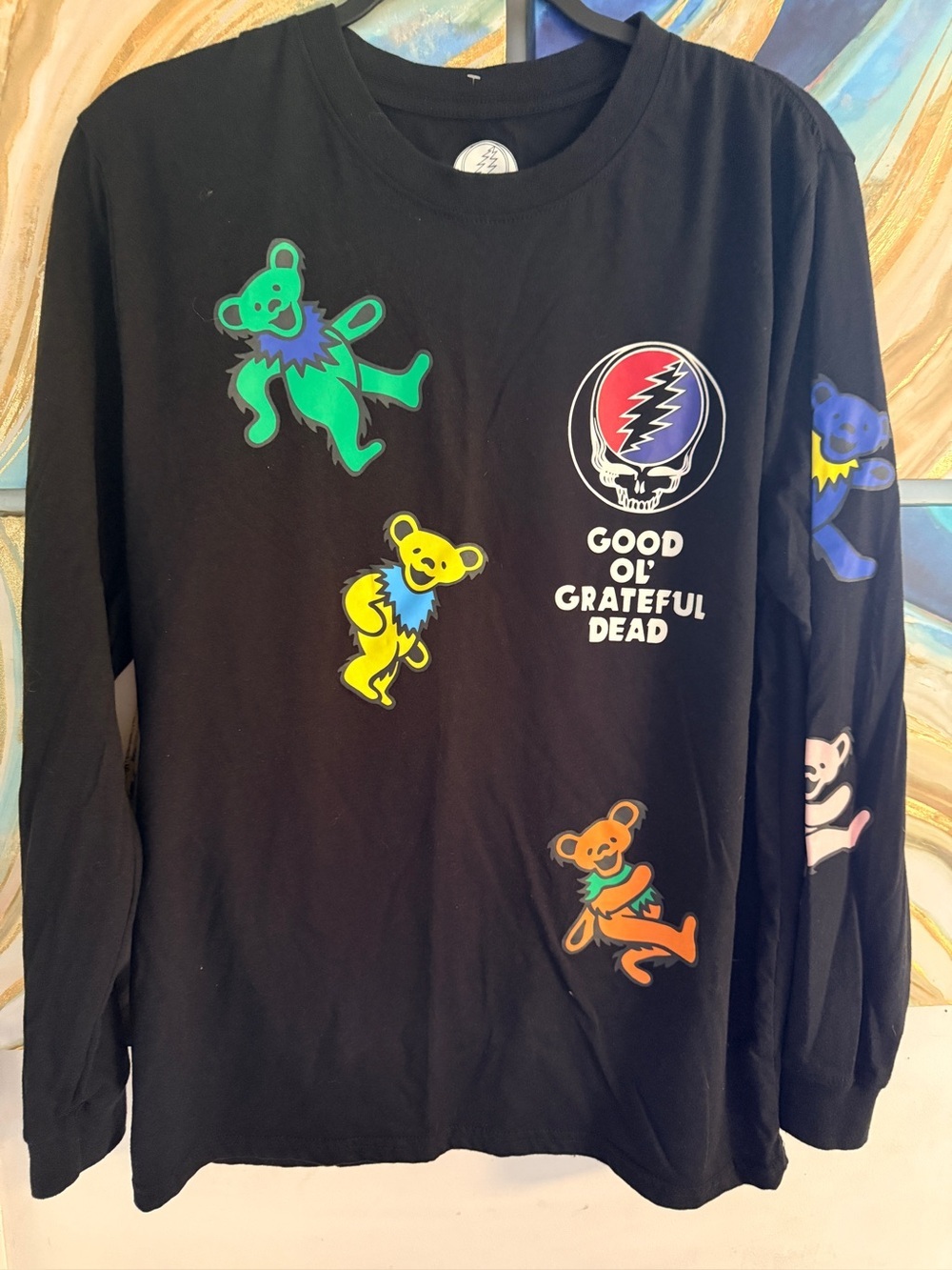 Grateful Dead Size MEDIUM Long Sleeve Shirt Black Multicolor Dancing Jerry Bears